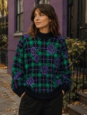 Vintage 80s Adele Knitwear Metallic Rose Floral Sweater
